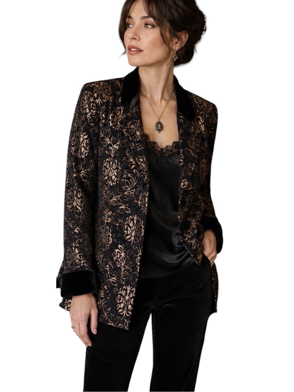 Laura Ashley Vintage Black Gold Floral Brocade Blazer Velvet Collar Cuffs Large